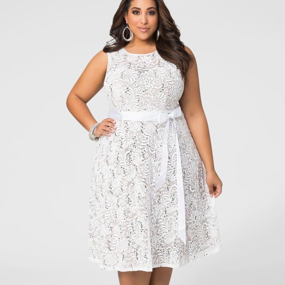 Ashley Stewart by R&M Richards Sequin Ivory Dress Sleeveless Belt Lace NWT 14